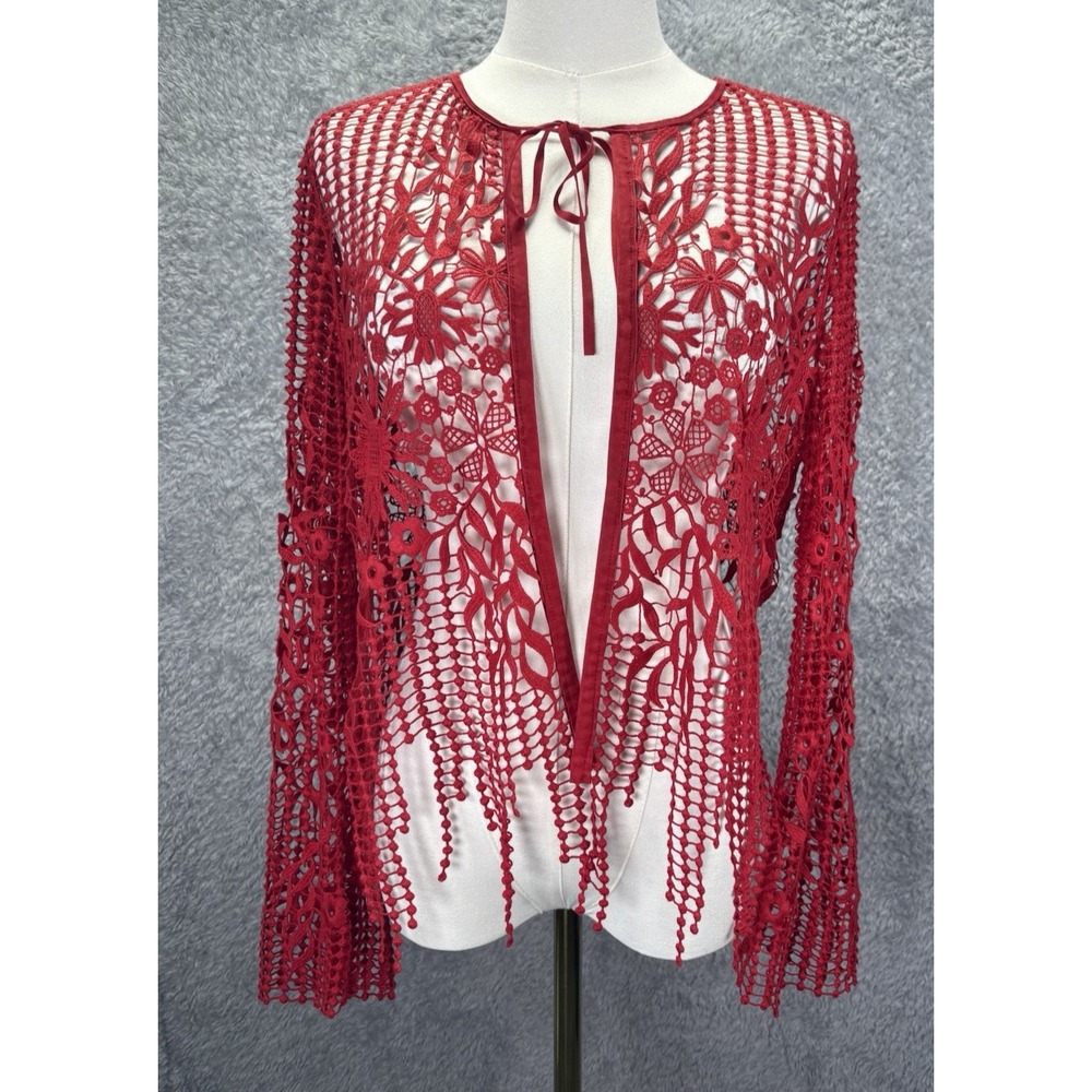 Elie Tahari Women Red Floral Crochet Lace Leather Tie Cardigan Jacket Tie Neck